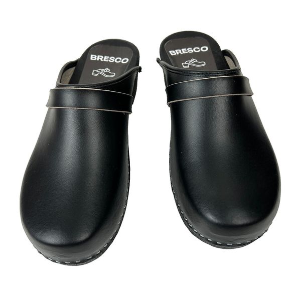Bresco Richmond  Black Leather Wooden Clogs NEW Size EU 42, US W 11.5, M 9 - Picture 2 of 13